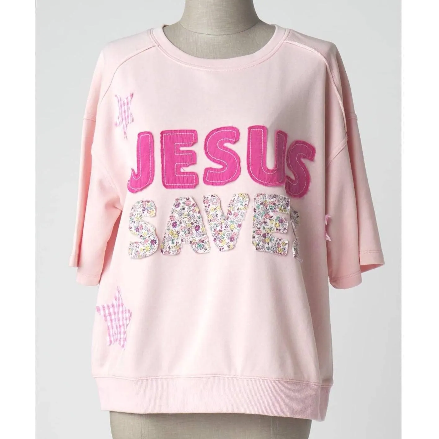 JESUS SAVES Patchwork Crewneck Tee-Pink
