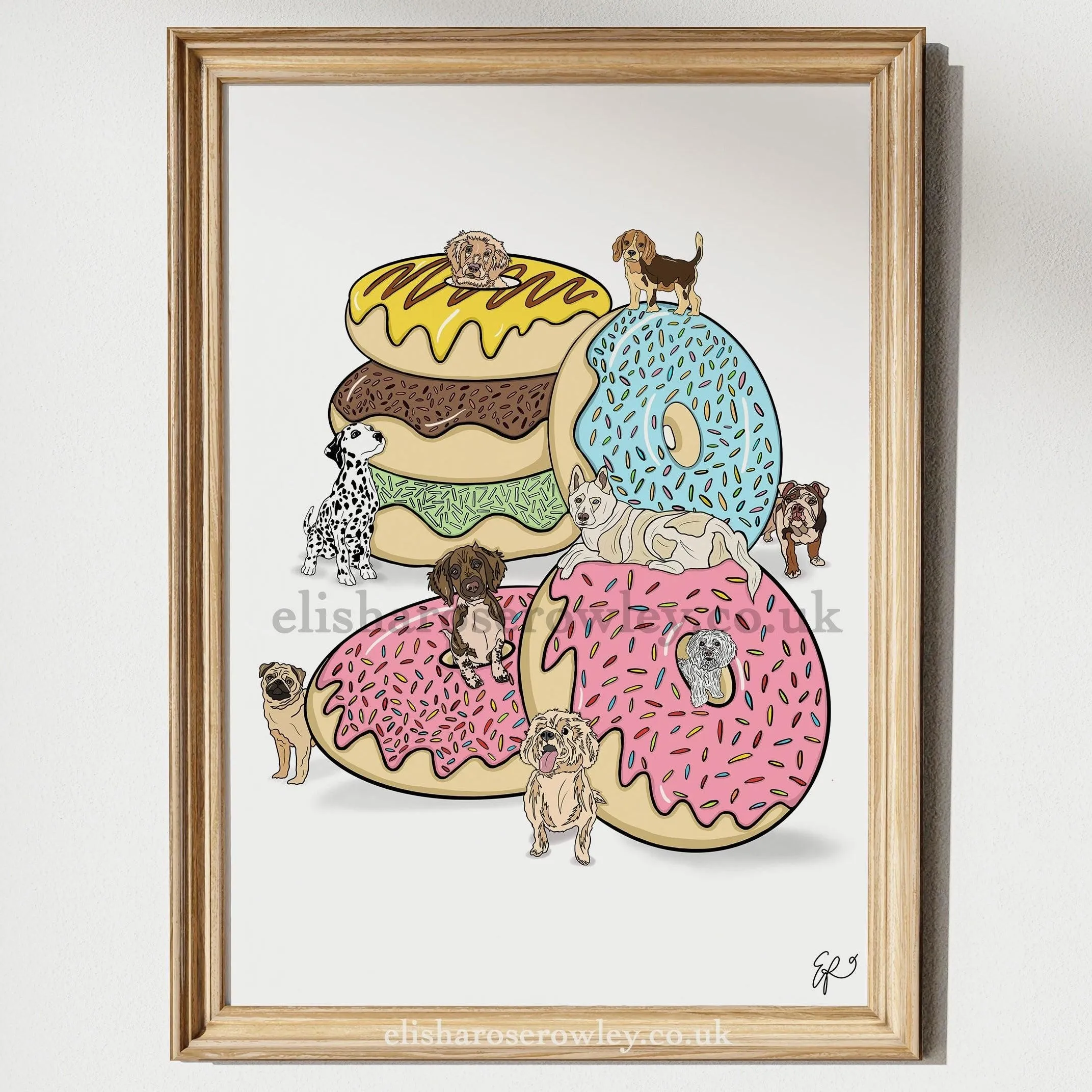 Donut Dogs - Dogs inside Donuts, Kitchen/Bedroom Wall Art Print