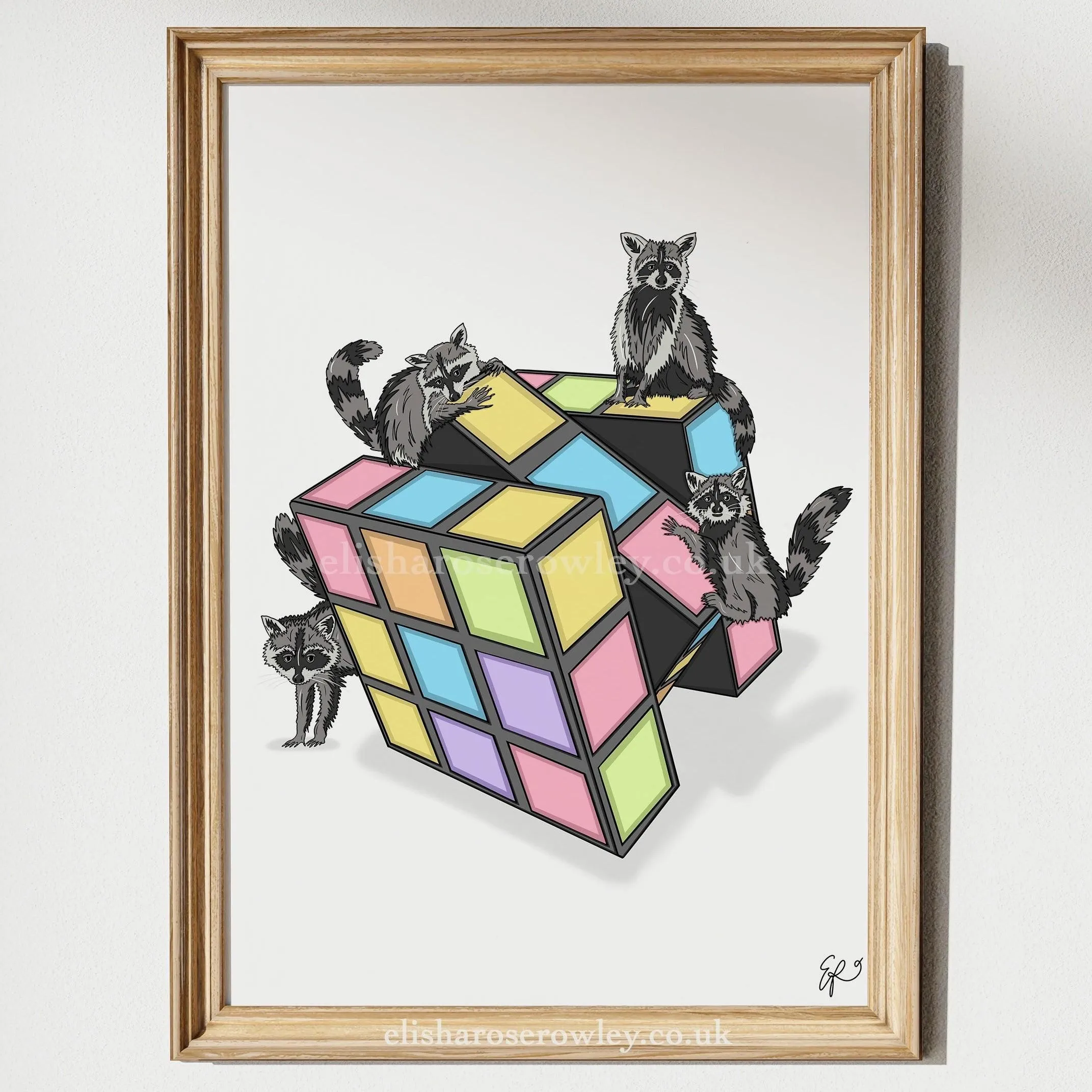 Rubiks Racoons -  Racoons Solving a Rubiks Cube, Games Room/Bedroom Wall Art Print