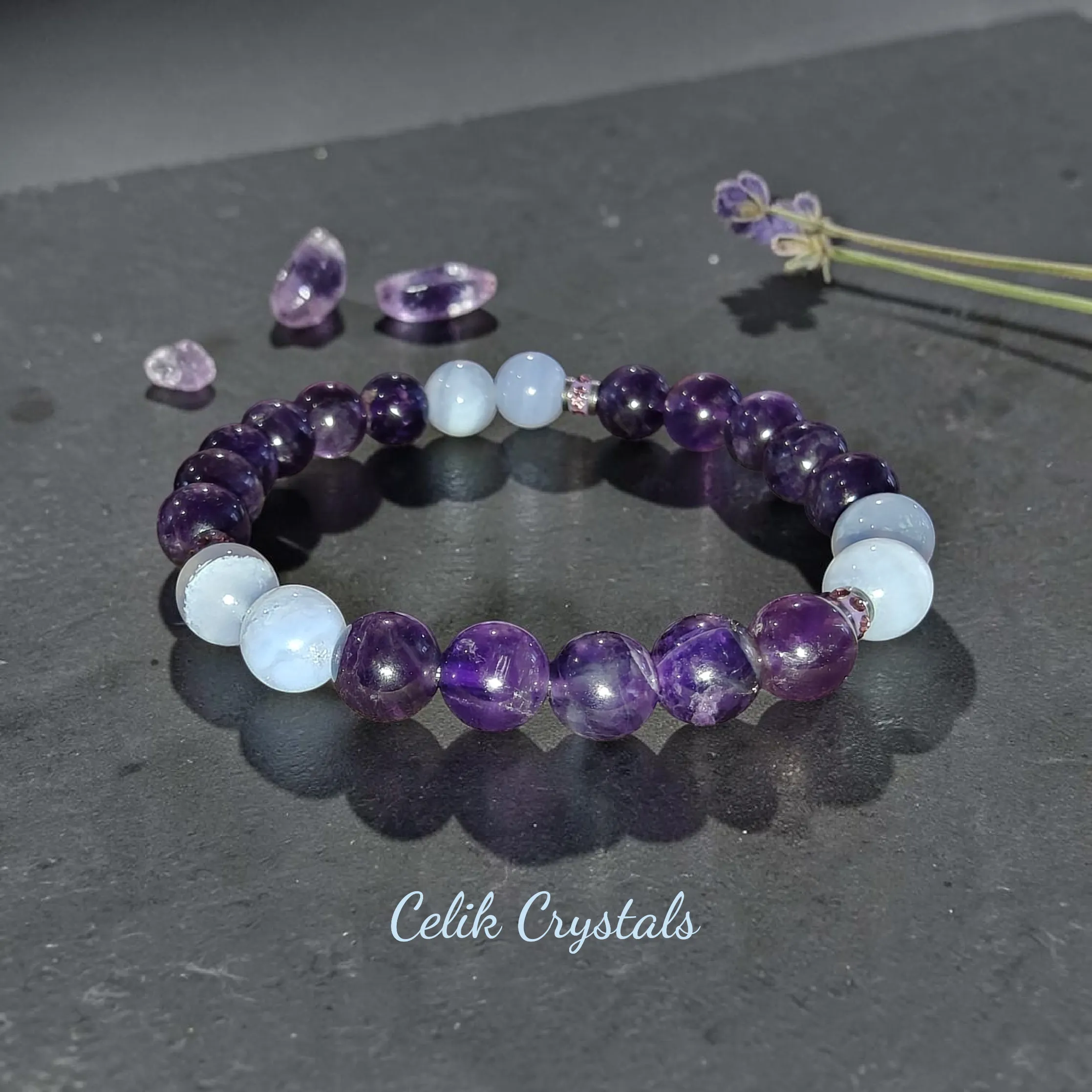 Blue Lace Agate and Amethyst Bracelet 8mm