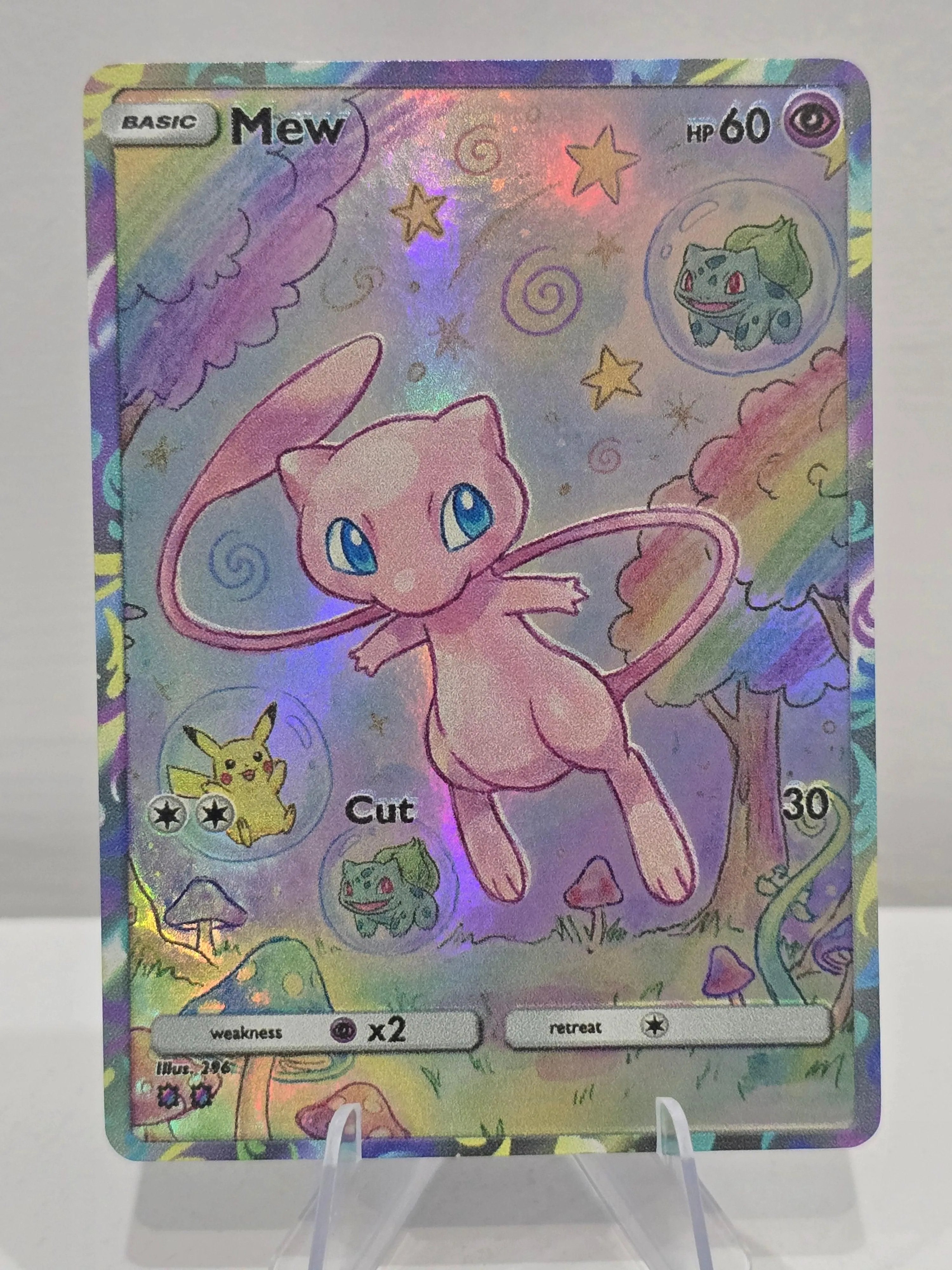 Mew Fan Art Card — Hand-Drawn Rainbow Holo Forest (Unofficial, Non-TCG)