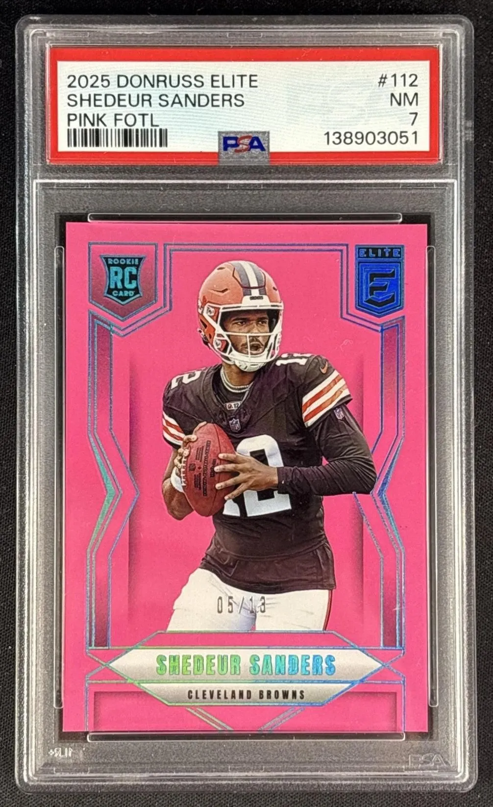 Shedeur Sanders 2025 Panini Donruss Elite Rookie Pink FOTL /13 PSA 7 Browns