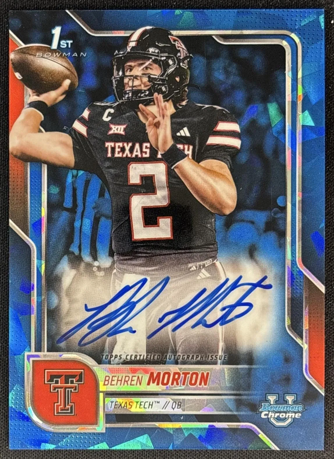 Behren Morton 2025 Bowman Chrome University Sapphire Prospect Auto Red Raiders