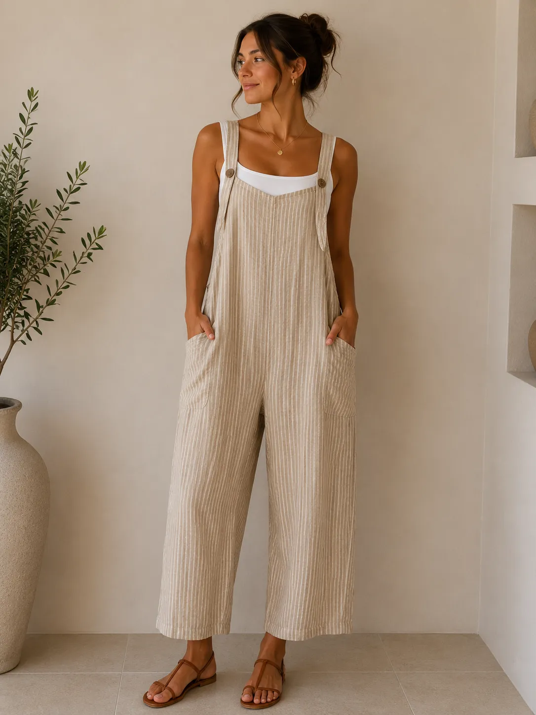Relaxed Fit Striped Dungaree Jumpsuit