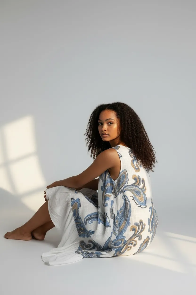 Paisley Print Cotton High-Low Midi Dress