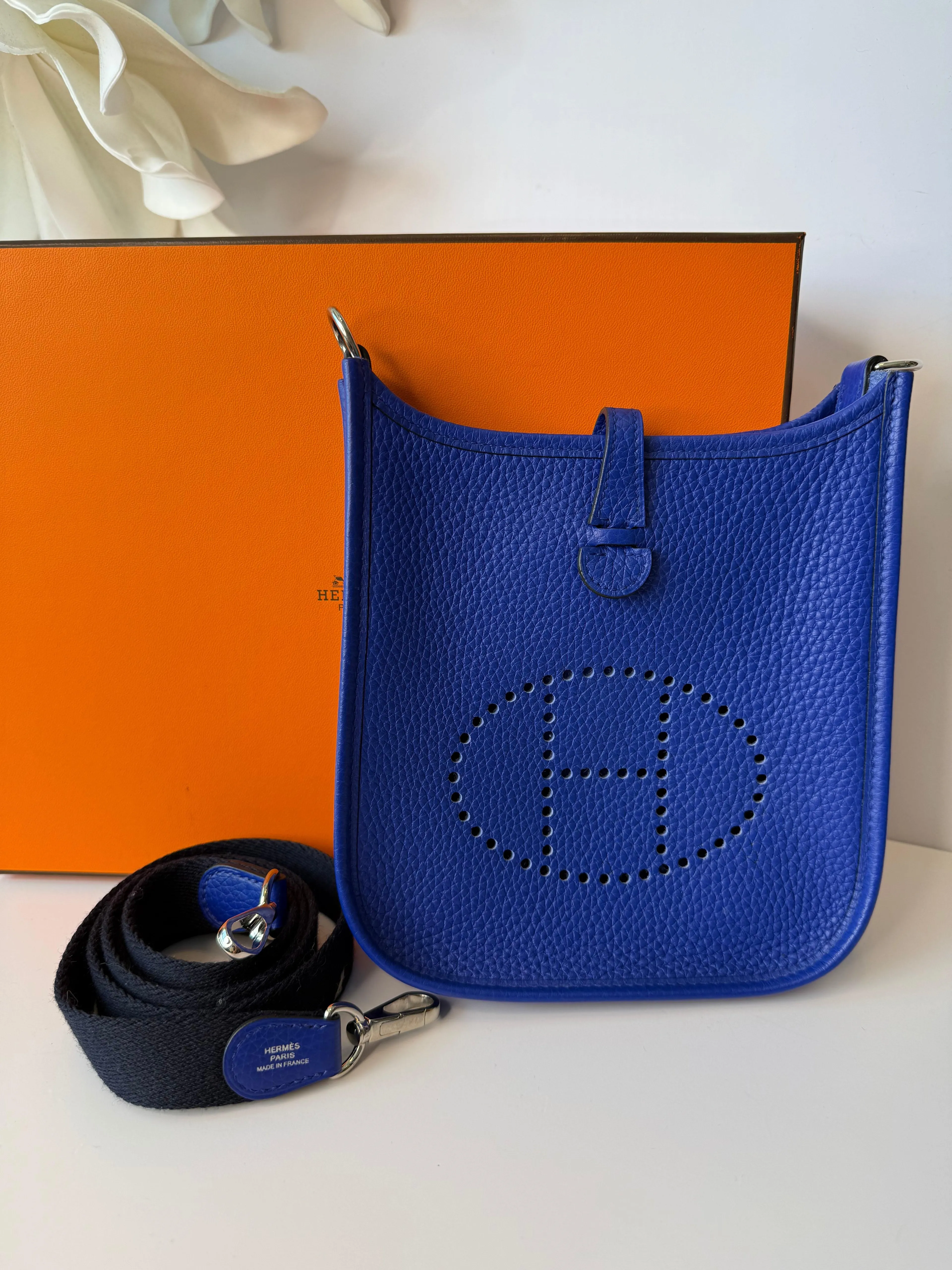 Taurillon Clemence Amazone Evelyne TPM Bleu Electrique with navy strap (rare)