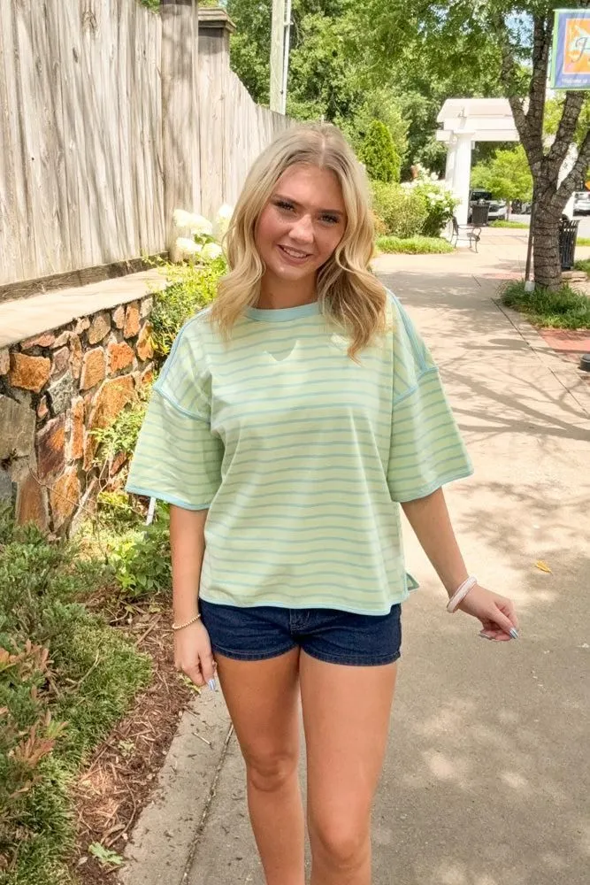 Striped Relaxed Fit Knit Tee-Mint/Blue