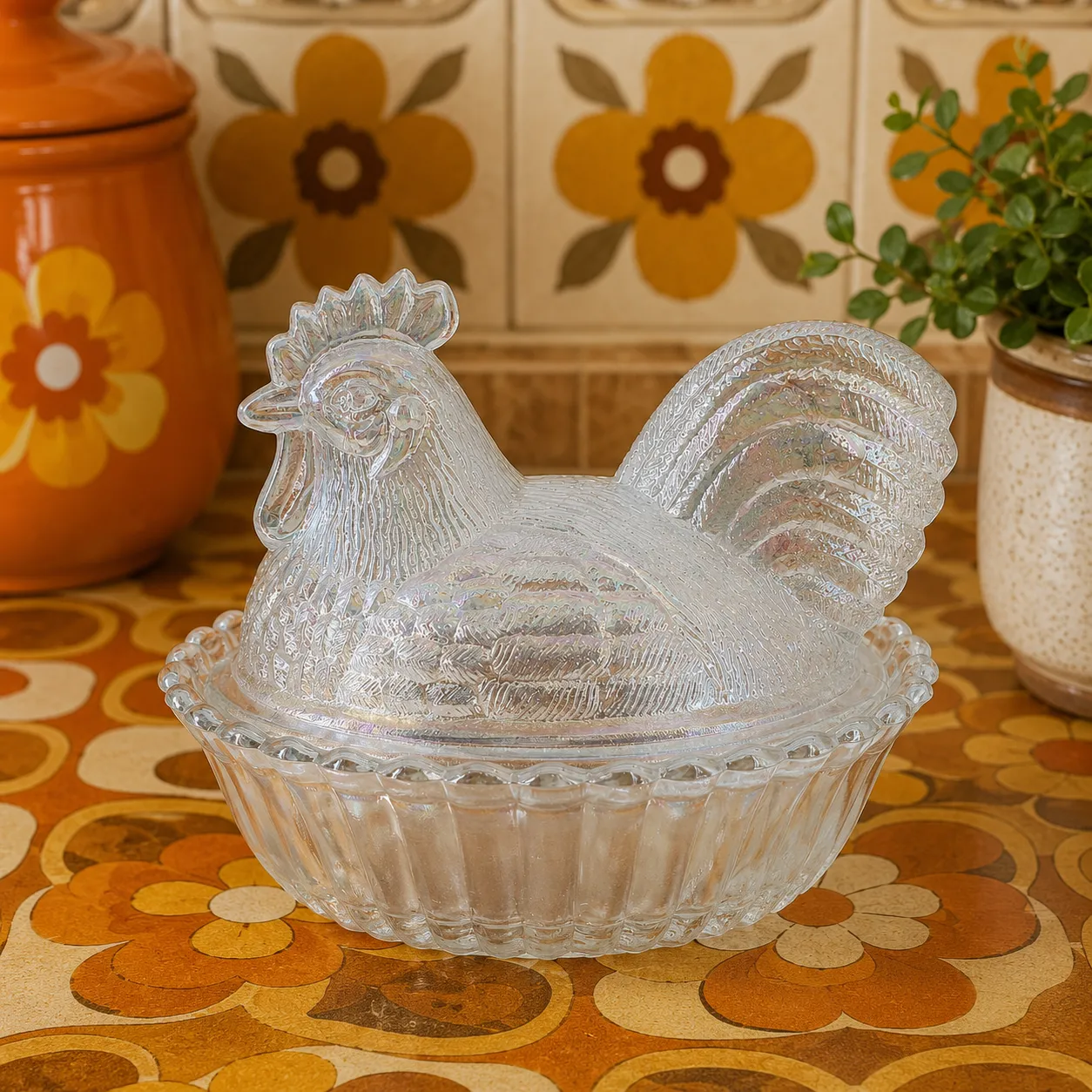 Crystal Glass Rooster on Ribbed Nest with Split Tail