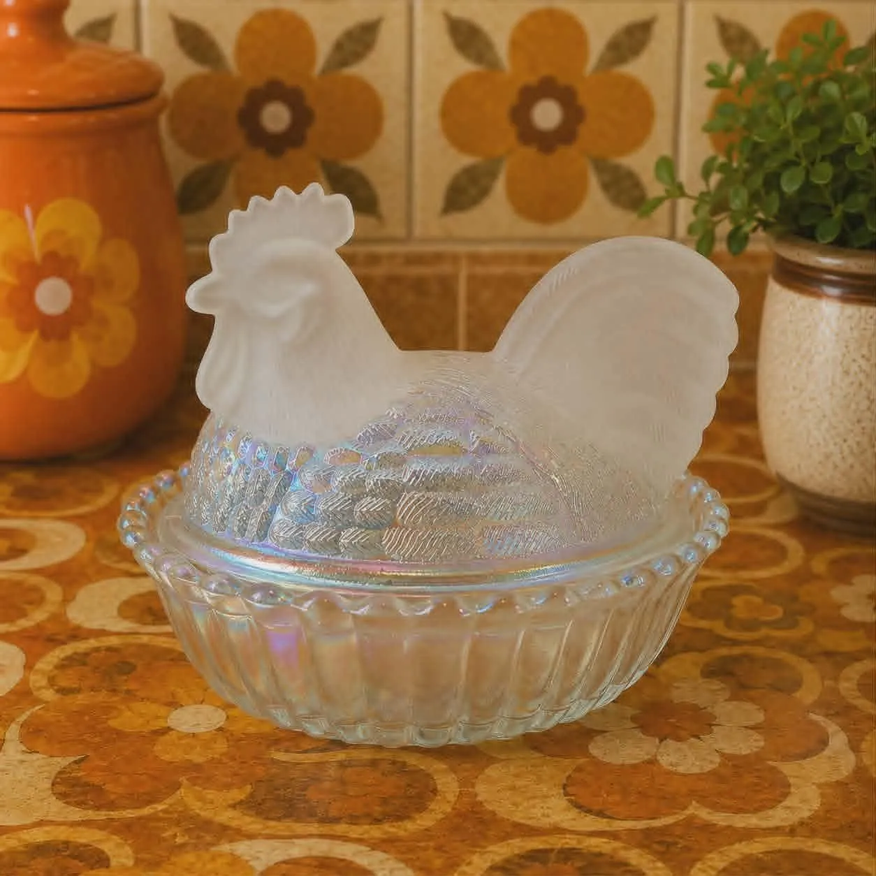Carnival & Satin Glass Rooster on Ribbed Nest | Limited Edition
