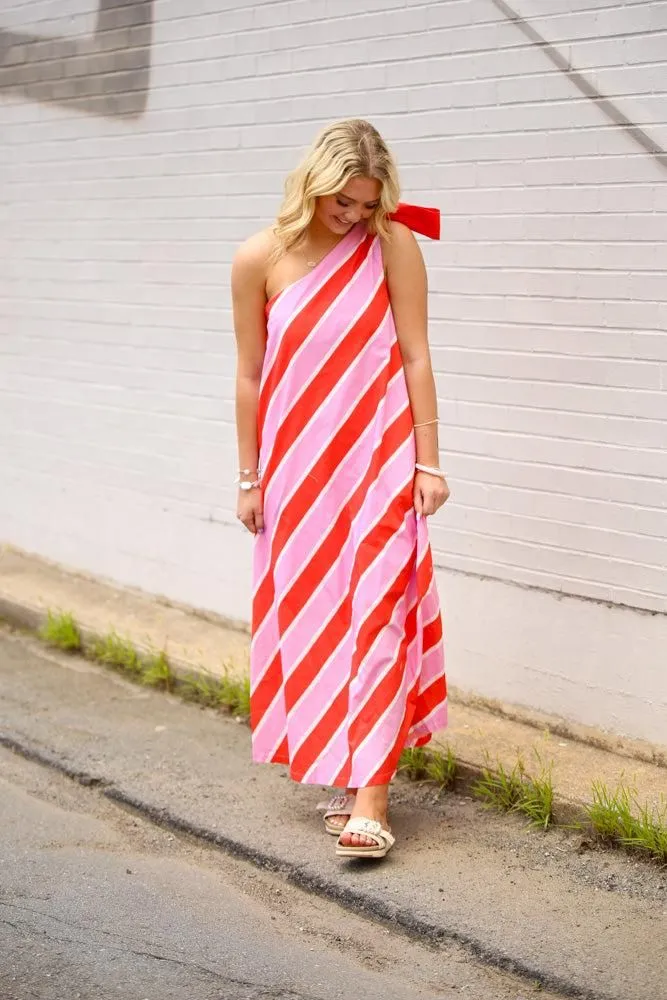 Bold Stripes One Shoulder Midi Dress-Pink/Orange