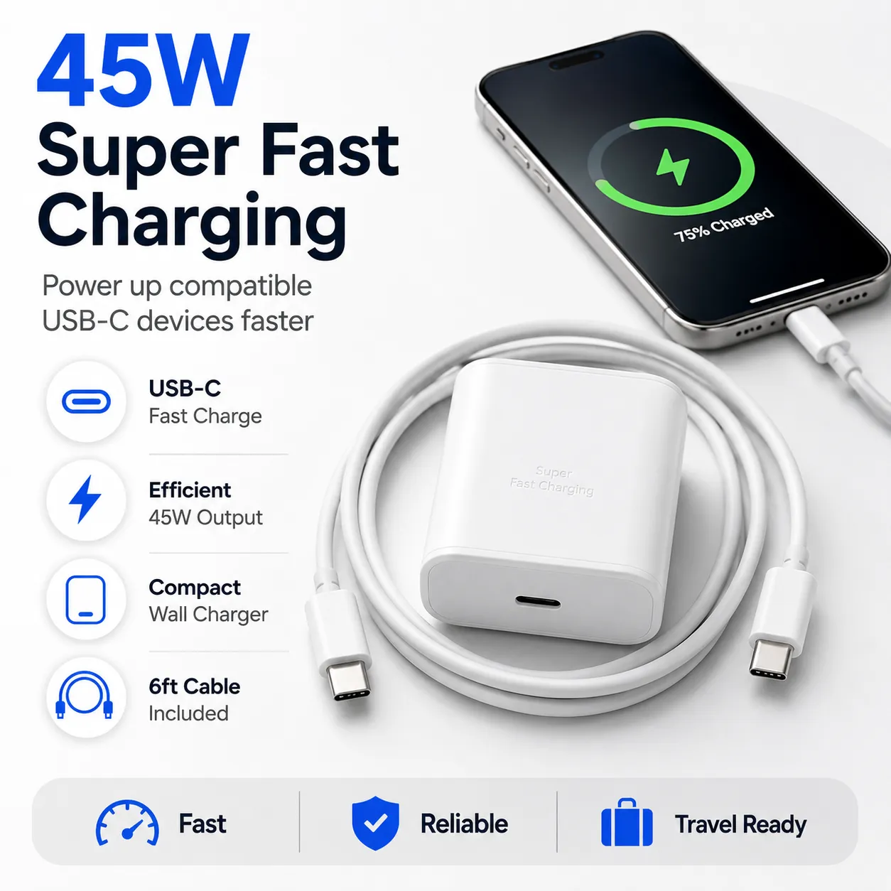 45W Super Fast Charging USB-C Wall Charger with 6ft USB-C Cable – Compact & Compatible
