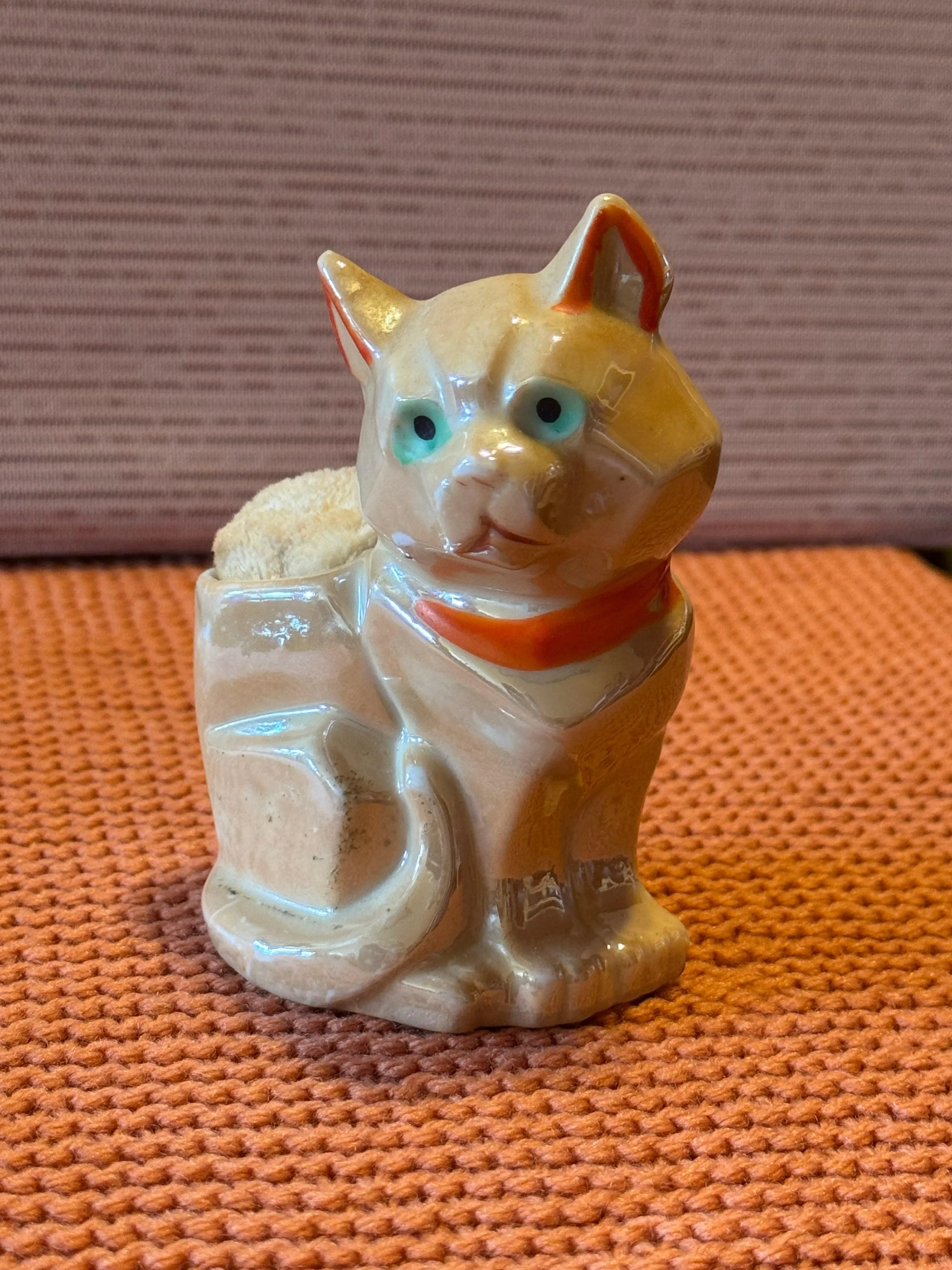 1950s–1960s Made in Japan Luster Glaze Cat Pin Cushion Figural Ceramic Orange Collar Teal Eyes UV Reactive