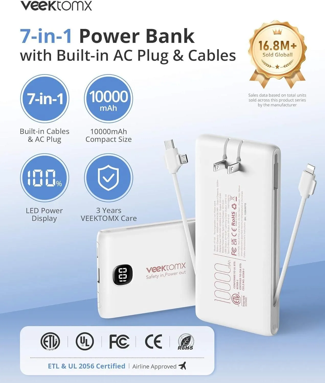 VEEKTOMX 10000mAh Power Bank with Built-in Cables & Wall Plug – Slim Fast Charging Travel Battery Pack for iPhone & Android