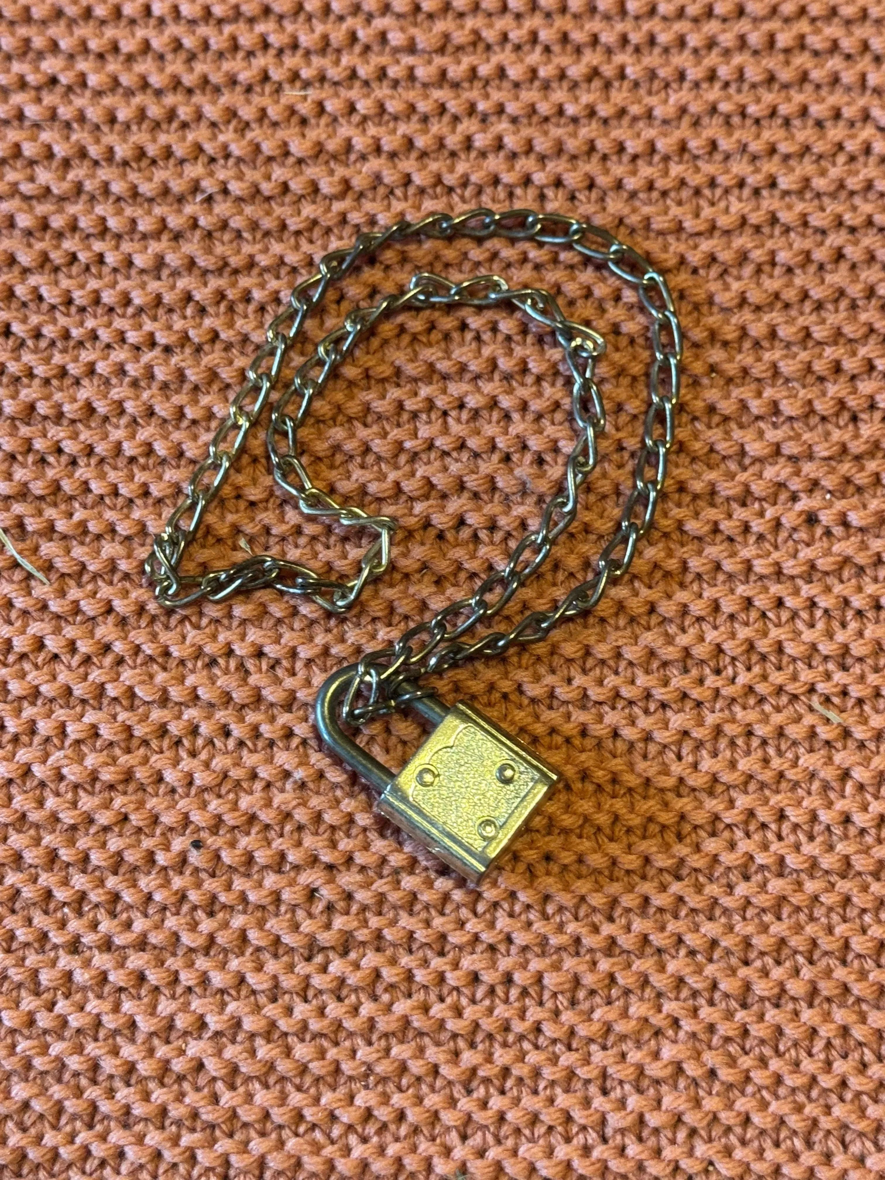 Vintage Gold Tone Padlock Pendant Silver Tone Chain Necklace Textured Face No Key