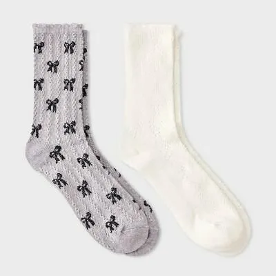 Women's Scallop Bows and Pointelle 2pk Crew Socks - Auden™ Gray/Black/Ivory 4-10
