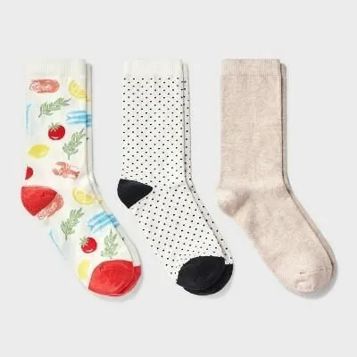 Women's Mediterranean Diet 3pk Crew Socks - A New Day™ Ivory/Red/Heather 4-10