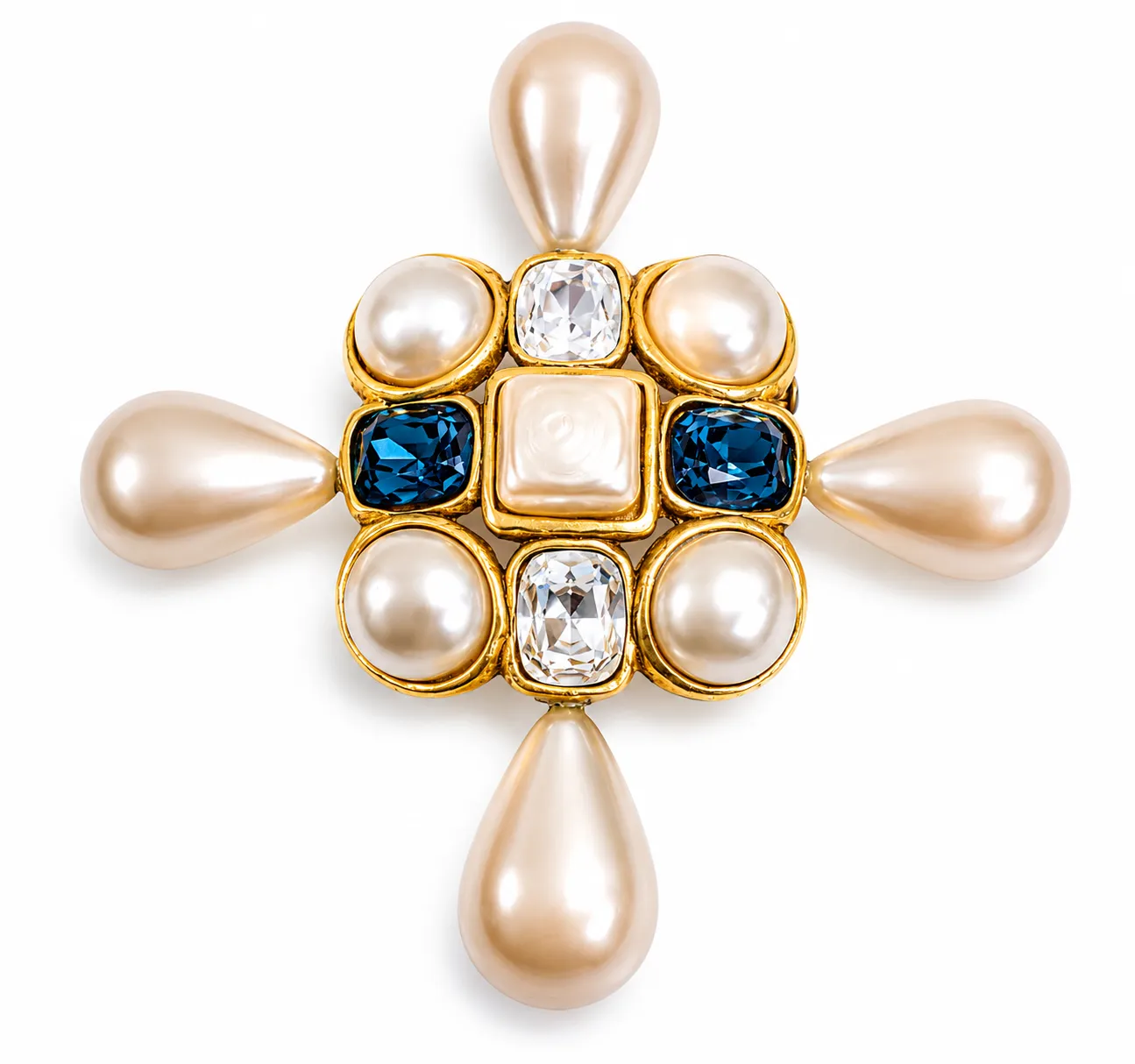 Vintage Chanel Pearl Crystal Cross Brooch Gold Tone France
