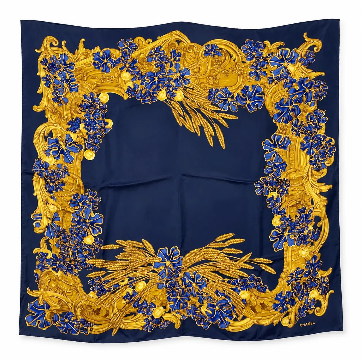 Authentic Chanel Vintage Silk Scarf Navy Blue Gold Baroque Floral France
