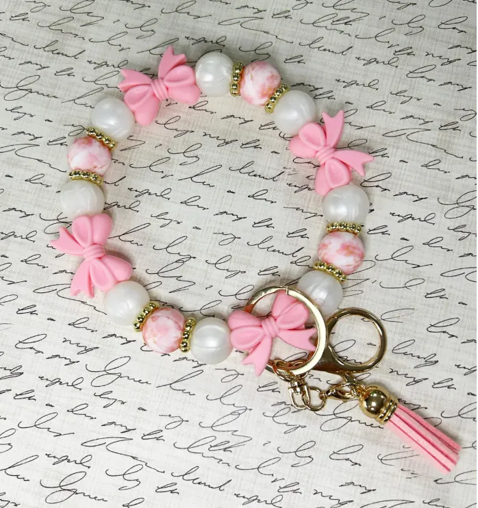 Pink Bow Coquette Preppy Style Silicone Beaded Keyring