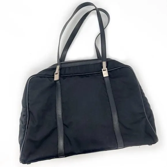 Product image for 023. Gucci Black/Silver Nylon & Leather Work Travel Shoulder Bag 18”x12.5”