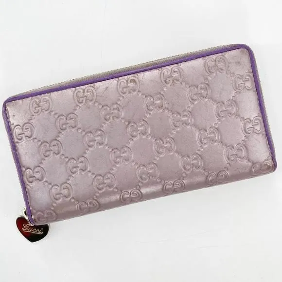 Product image for 009. GUCCI GG Guccissima Heart Zip Around Long Wallet Metallic Lavender