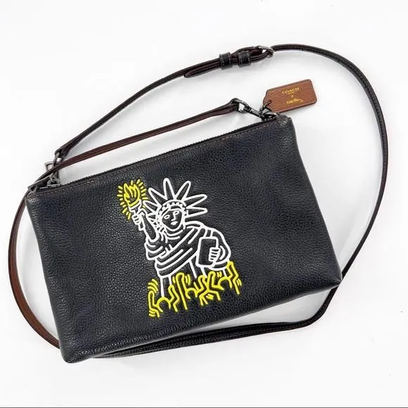 Product image for 032. Coach x Keith Haring Lyla Statue of Liberty NYC Black Leather Crossbody Bag