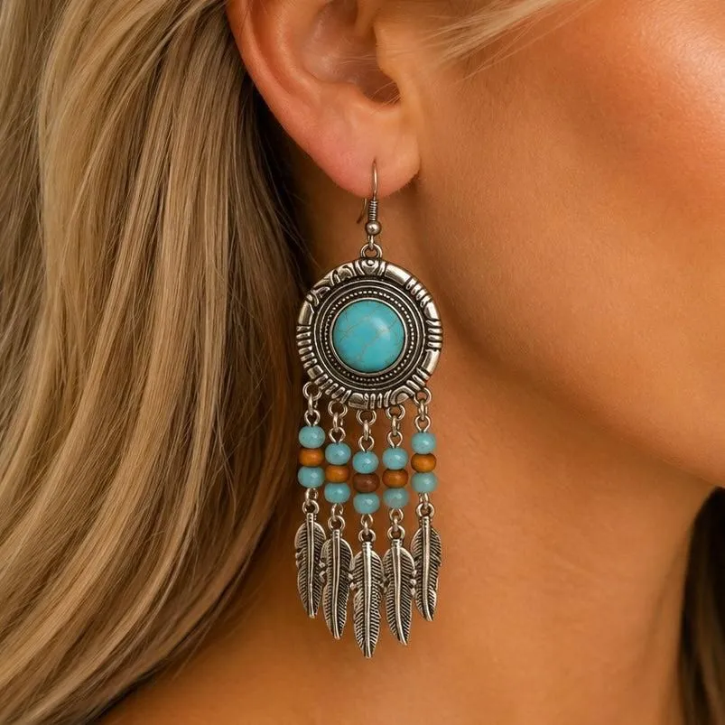 Turquoise & Feather Fringe Earrings