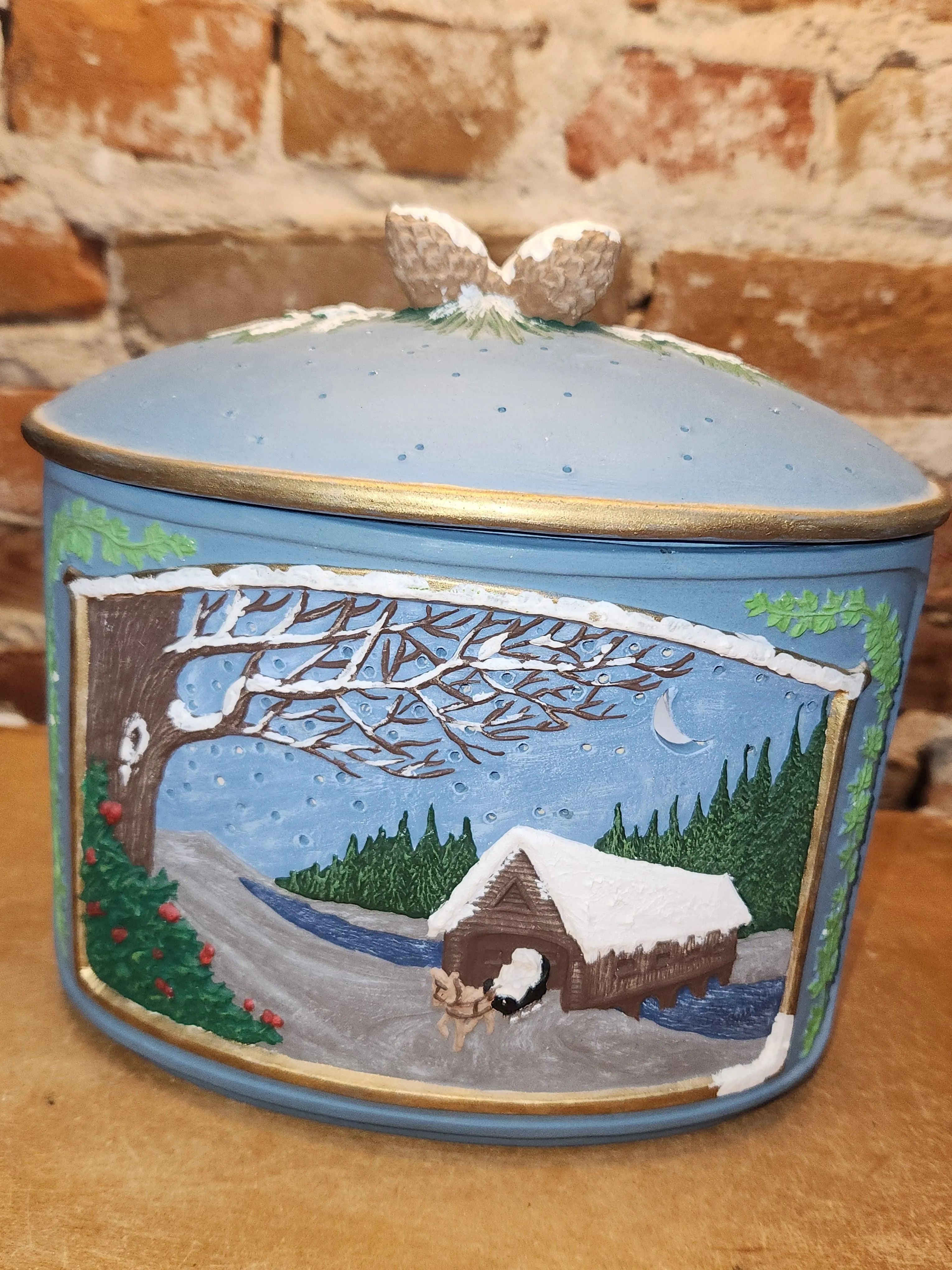 Vintage Ceramic Canister Night Light Covered Bridge Horse Pinecone AS IS nl9