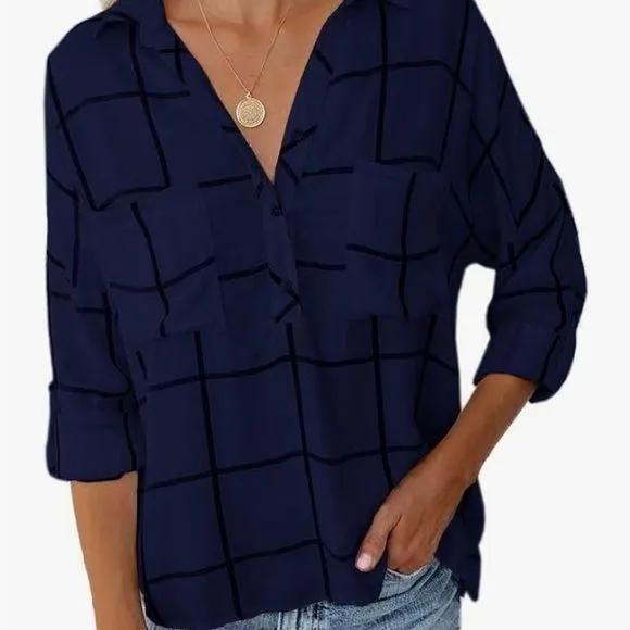Product image for Ladies Button Down Chiffon Plaid 3/4 sleeve Vneck loose shirt