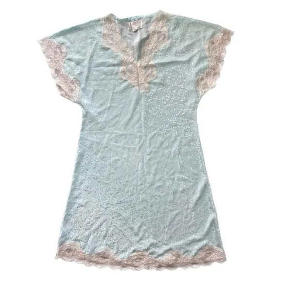 Product image for Vintage Nordstrom satin nightgown blue cream lace medium floral lingerie pajamas