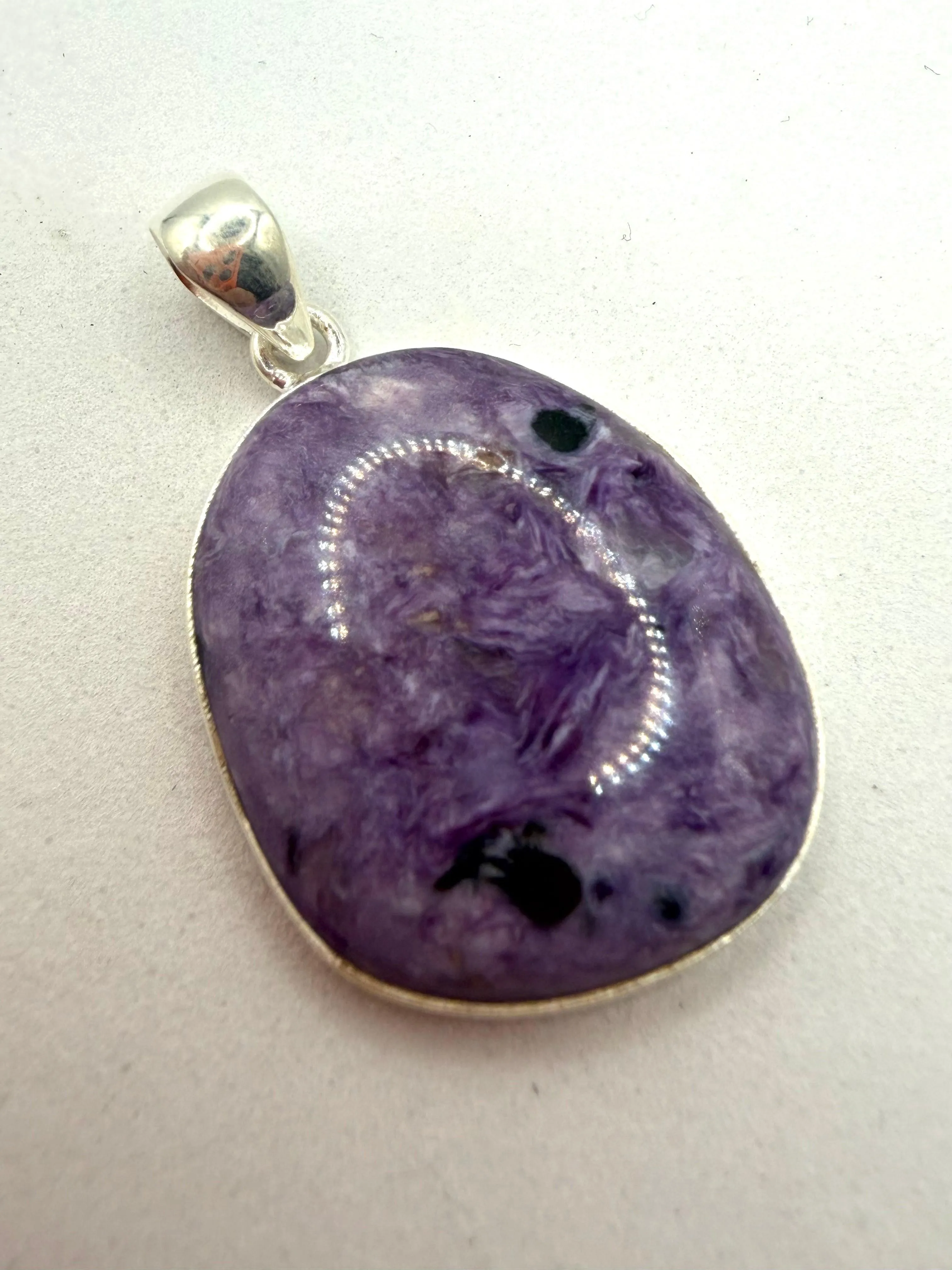 STERLING SILVER CHAROITE PENDANT 1.5" (JR 118)