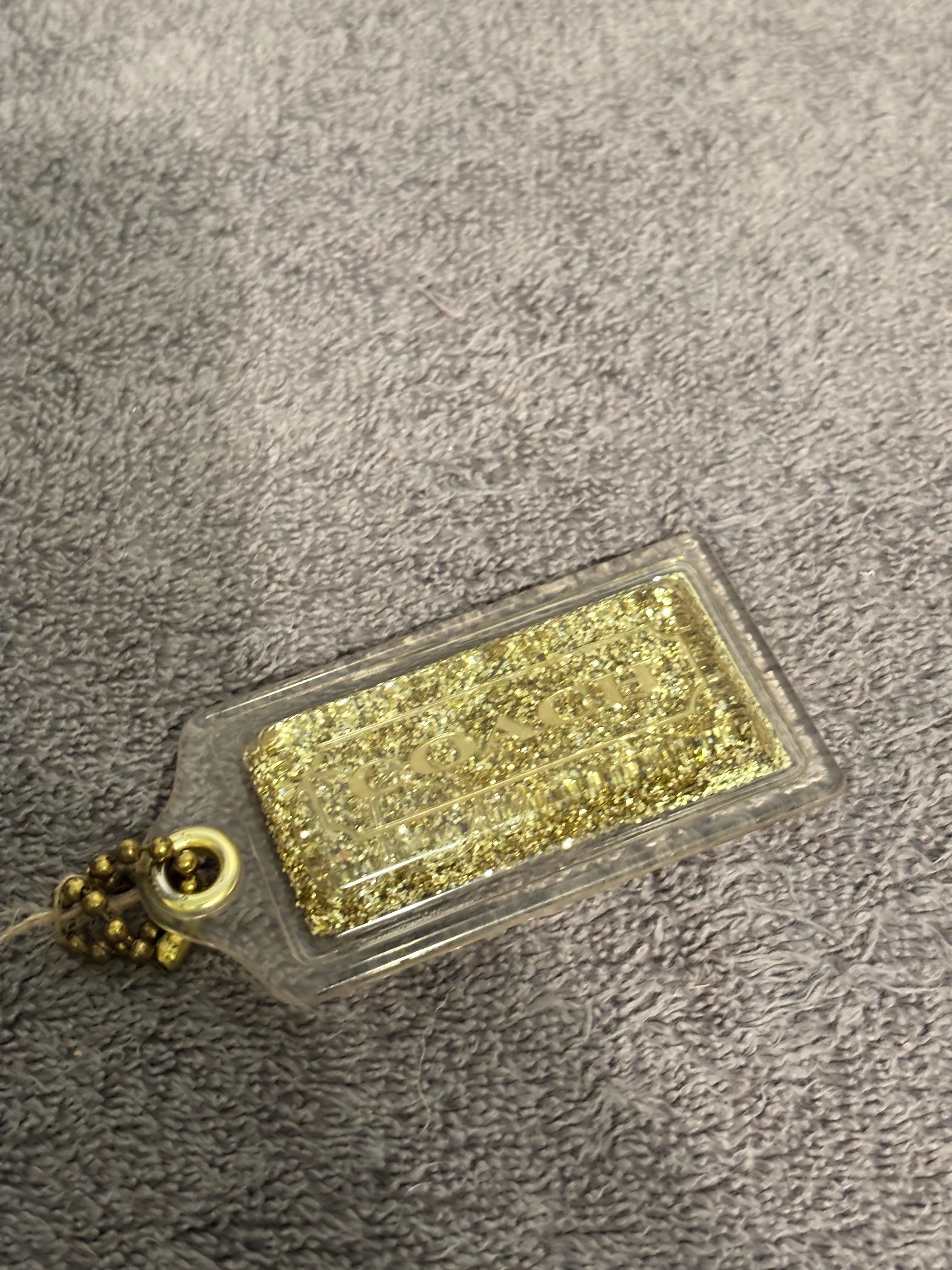 Coach Clear Gold Glitter Hangtag Bag Charm Keychain Fob
