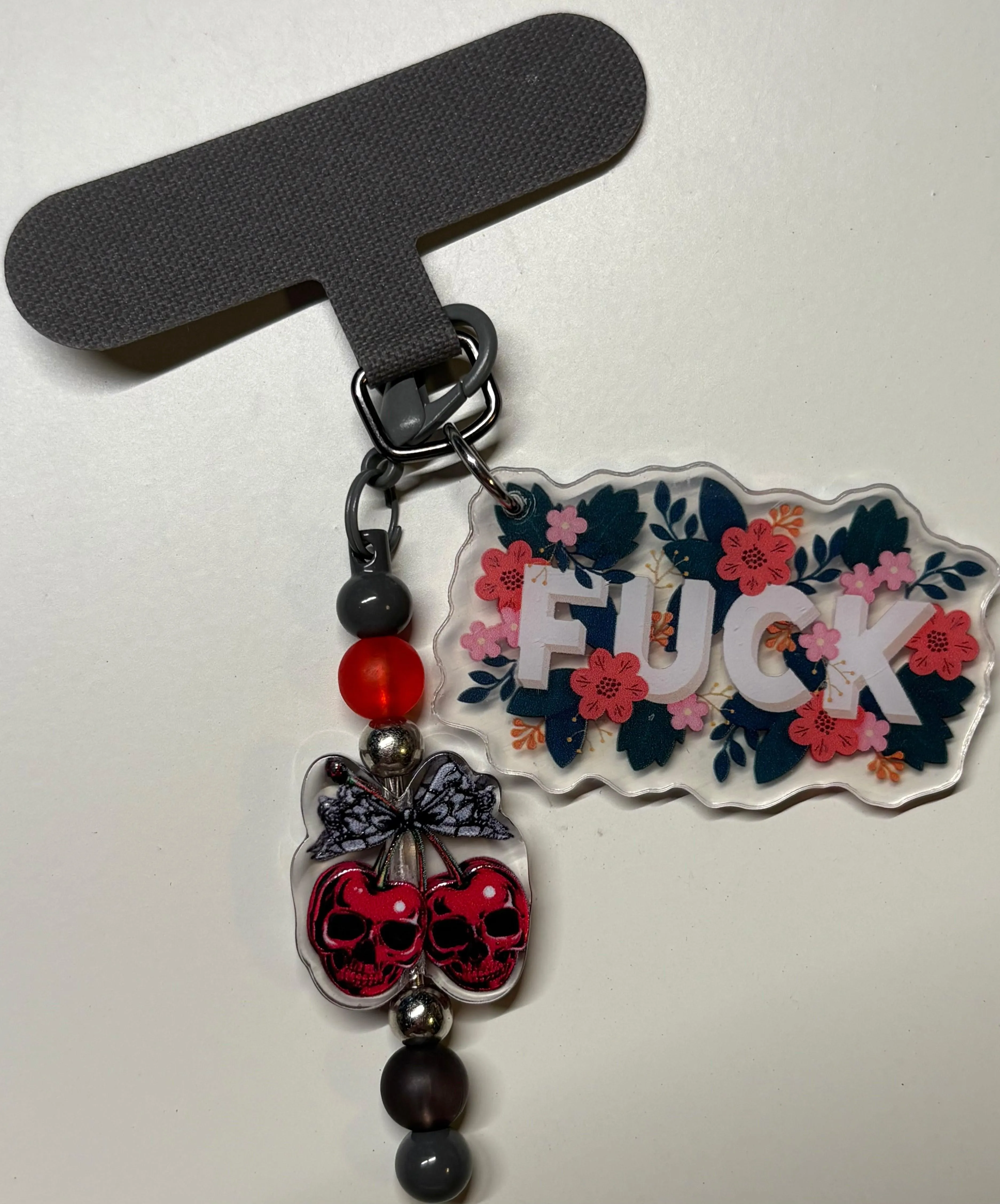 Floral "FUCK" Skull Cherry Phone Charm 🌸