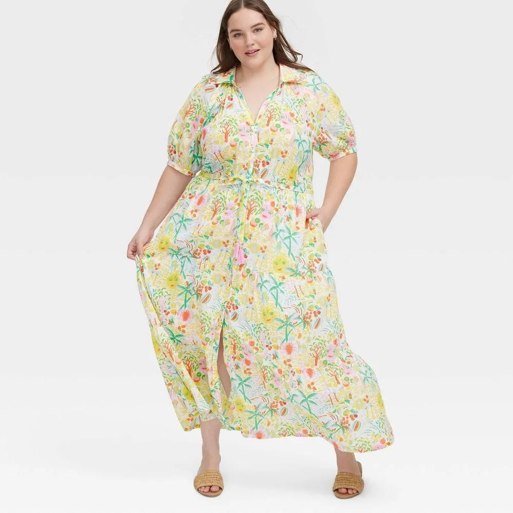 New without Tags - Women's Vacation Short Sleeve Maxi Dress Yellow/Green - Roller Rabbit XXL