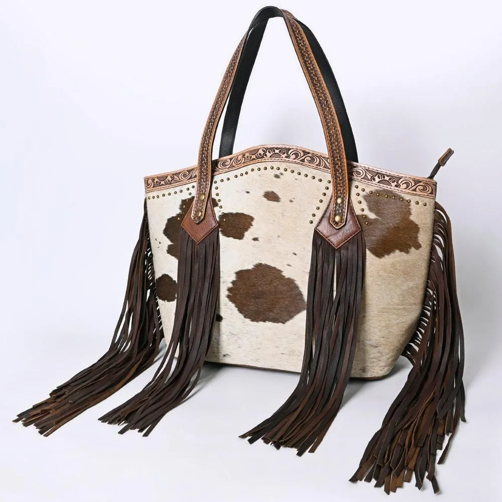 American Darling Tote Bag, Hair-On Cowhide Western Leather Purse with Fringes, Handcrafted, 13in (H) X 19.5in (W) X 7in (D)