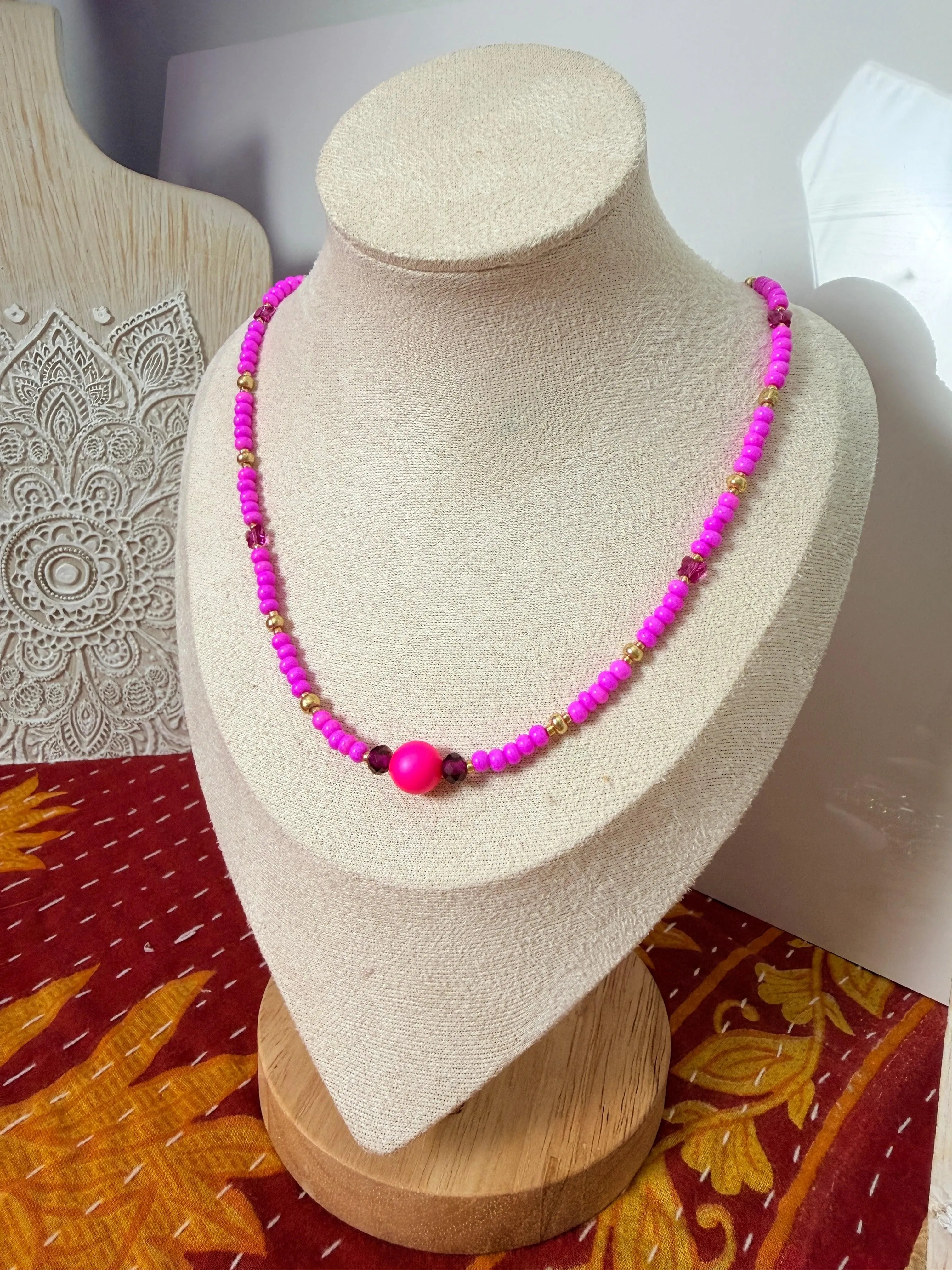 Hot Pink Hand-Beaded Necklace – 16-18" Gold-Plated Choker with Australian Crystal