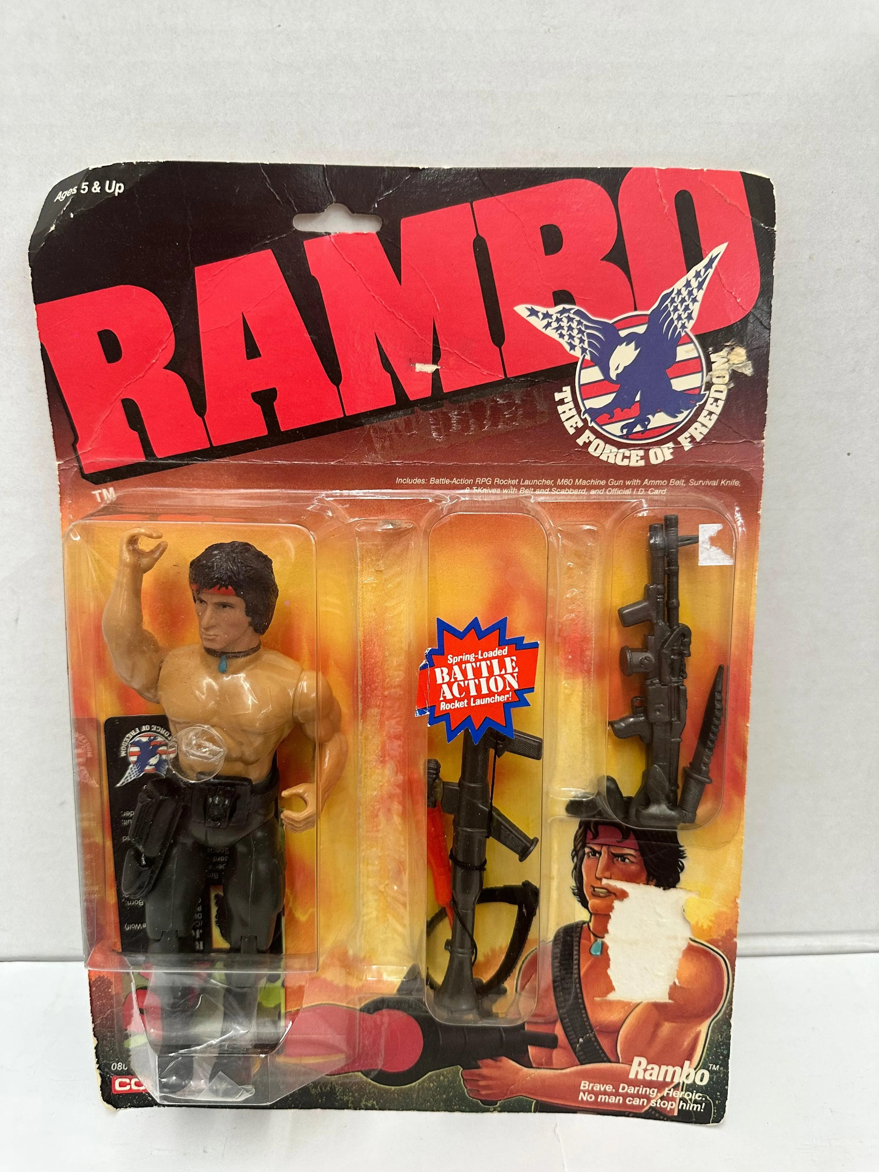 1985 Coleco Rambo The Force of Freedom Rambo Figure New Sealed Card Damage