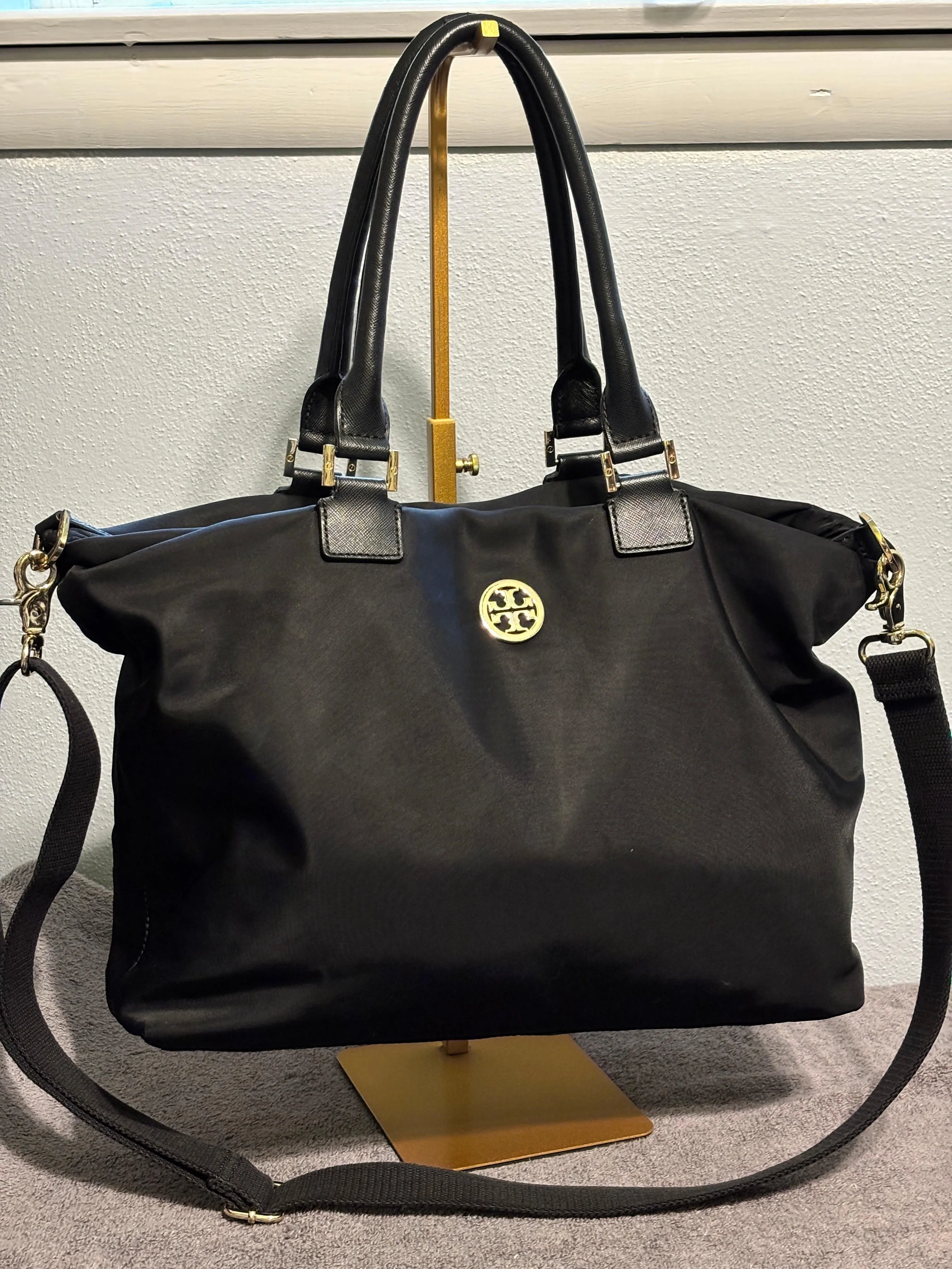 Tory Burch Black Nylon Satchel Shoulder Bag Crossbody Gold Logo
