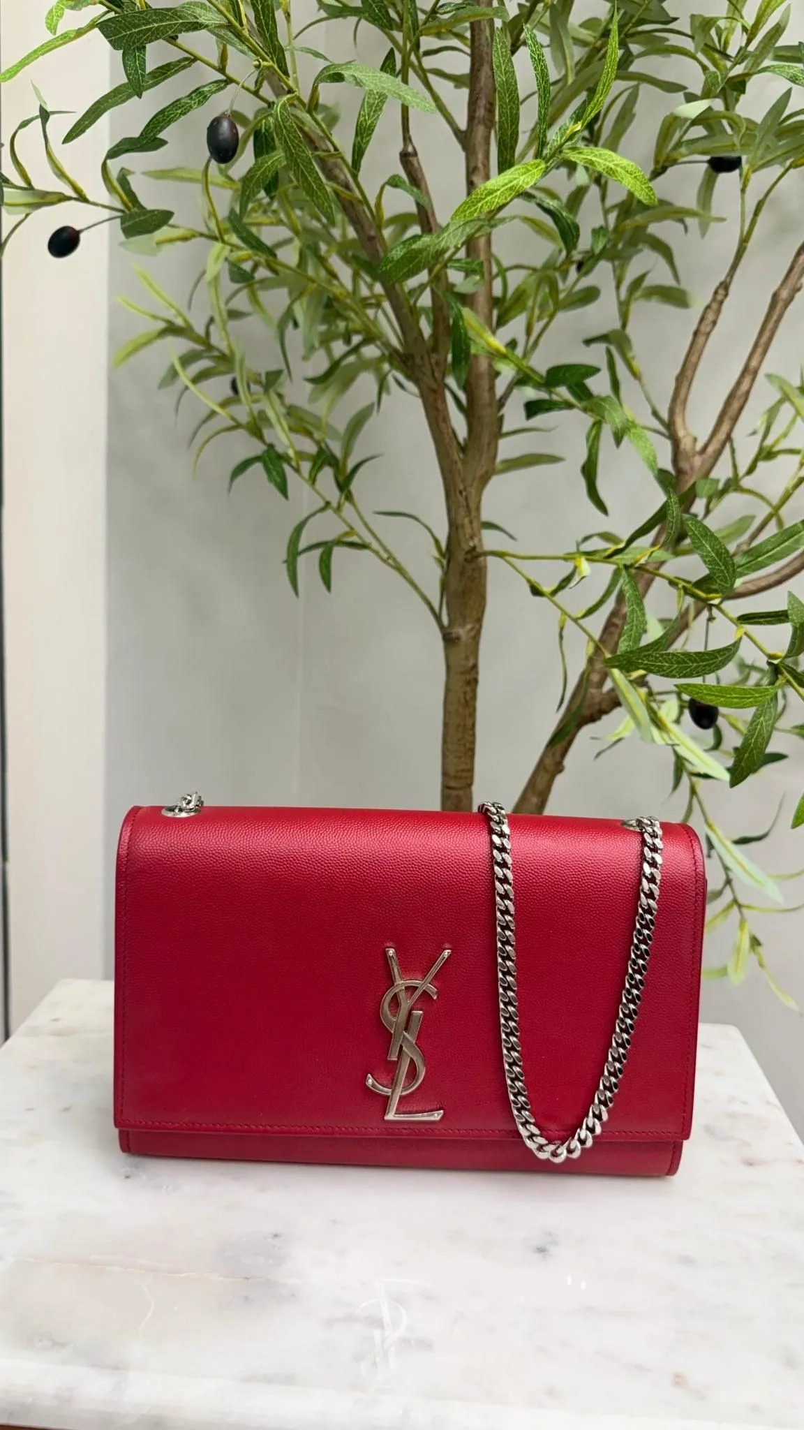 Saint Laurent YSL Red Grained Leather Kate Chain Shoulder Bag
