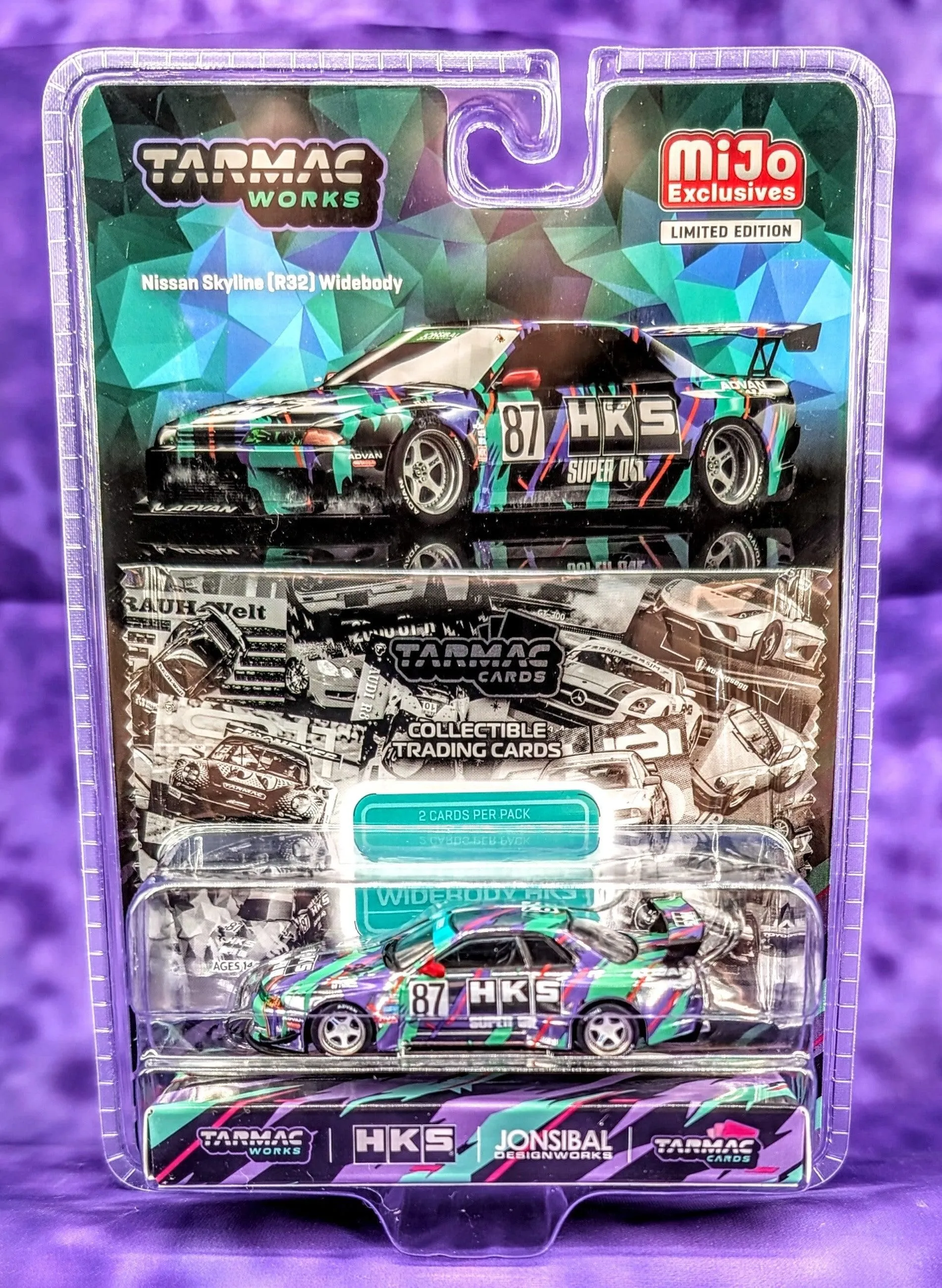 CHASE! Tarmac Works Nissan Skyline (R32) Widebody (w/ Trading Cards) - HKS / Jon Sibal Designworks - MiJo Exclusives Limited Edition