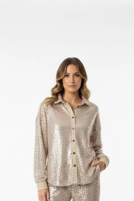 OW Collection Silver Sequin Button-Up Shirt NWT