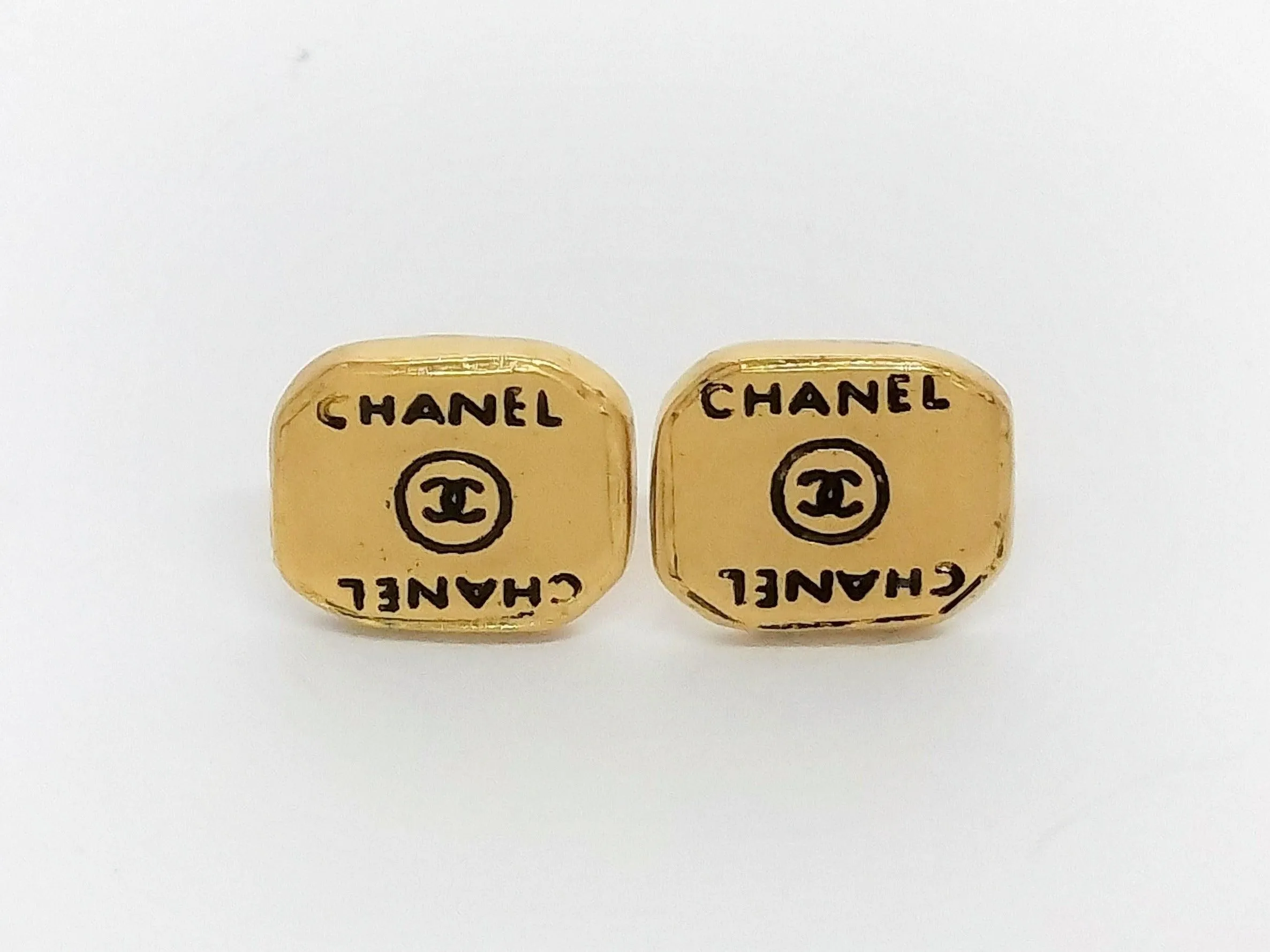 Chanel Square CC Logo Pierced Earrings Gold Black 3324