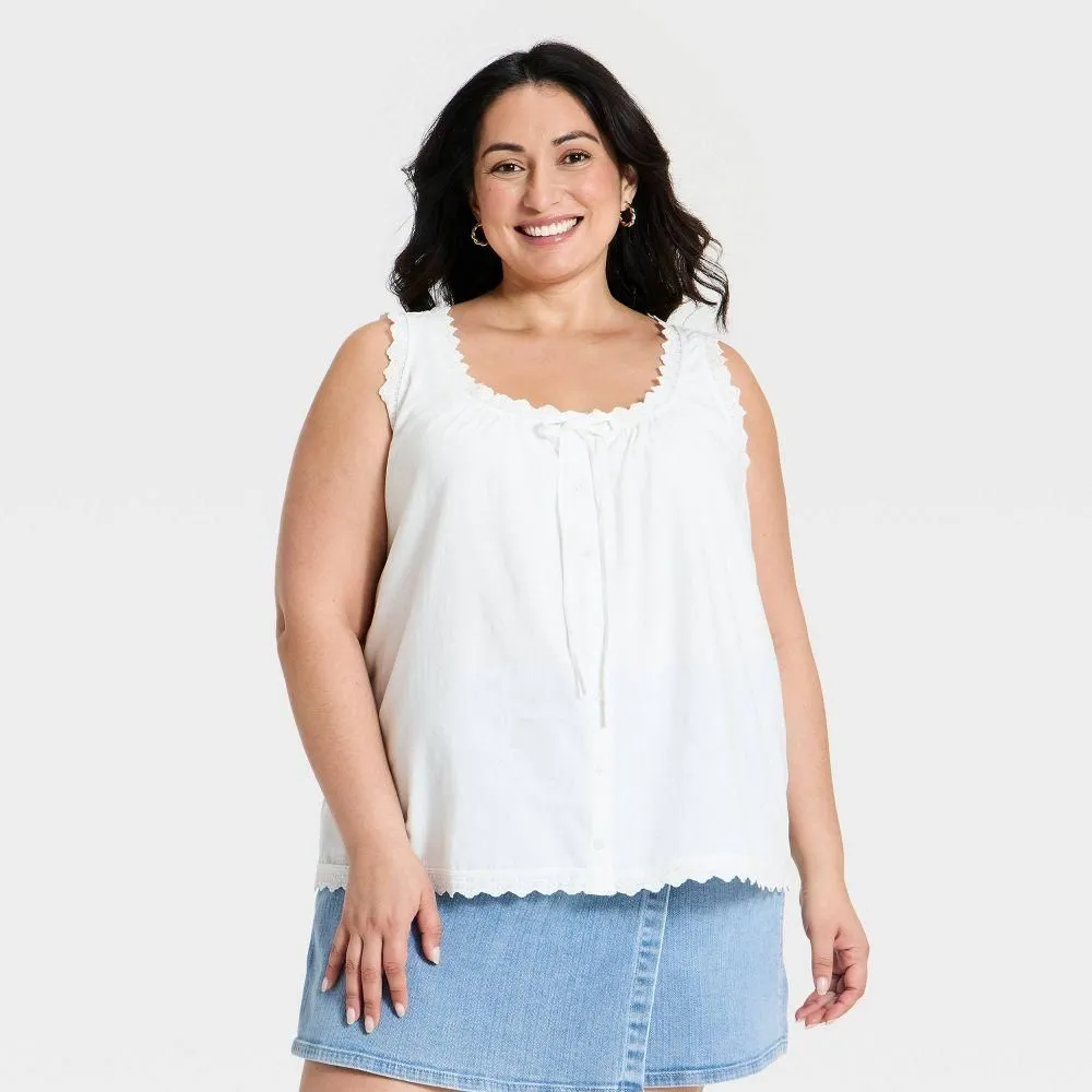 New without Tags - Size: XXL - Women's Sleeveless Ruff Trim Button-Up Front Tie Woven Tank Top - Ava