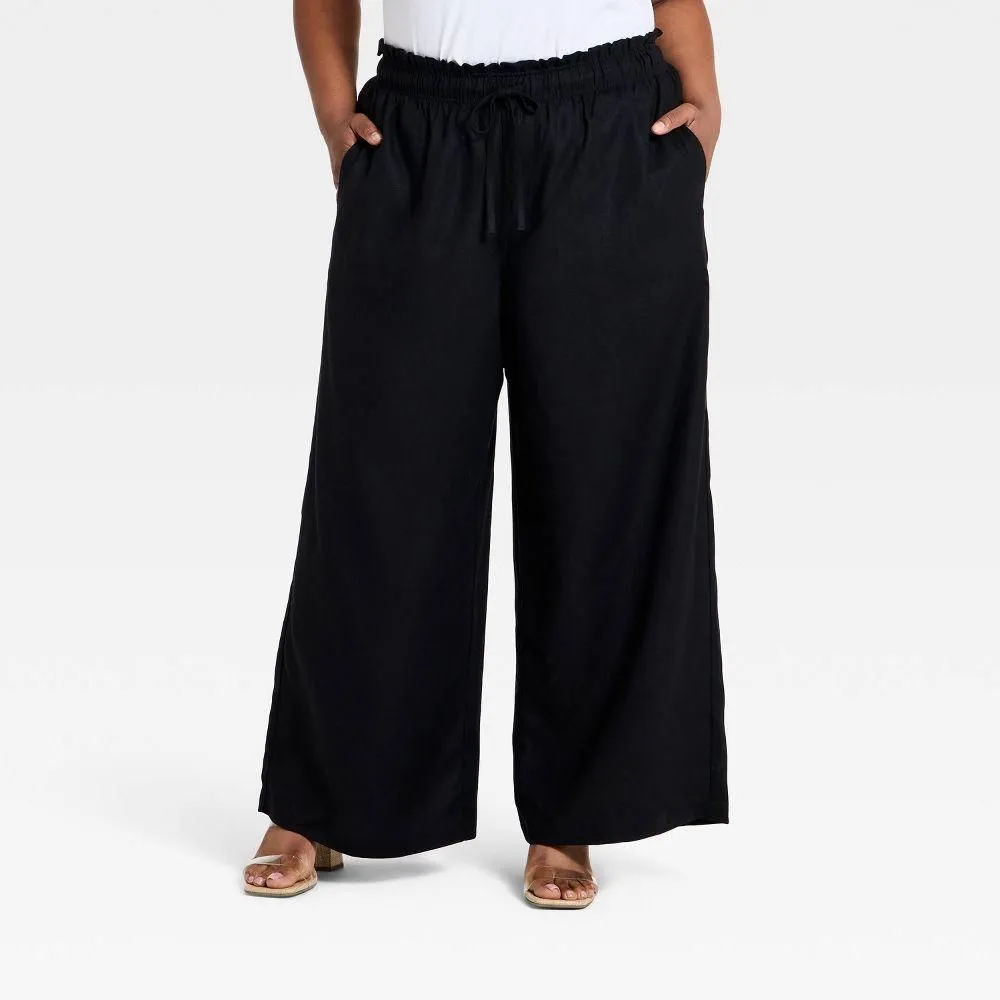 New without Tags - Size: 1X - Women's Tie-Front Wide Leg Linen Pull-On Pants - Ava & Viv Black