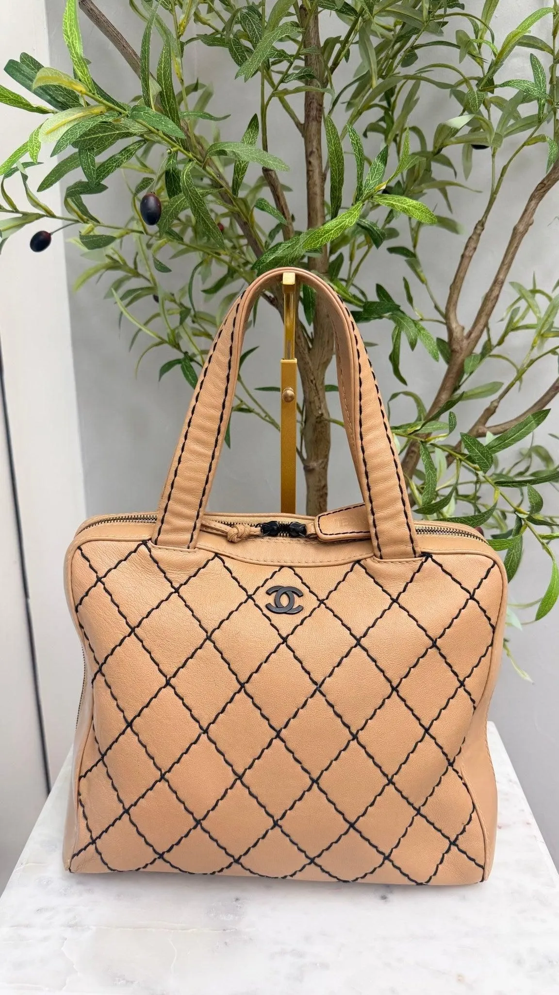 Chanel Beige Diamond Quilted Leather Surpique Medium Bowler Bag