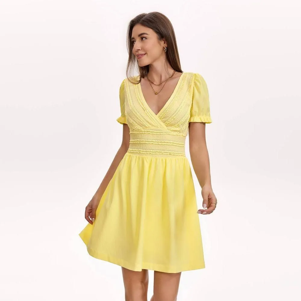 New without Tags - Size: L - Women's Puff Short Sleeve Lace Jacquard Fit and Flare Mini Dress -
