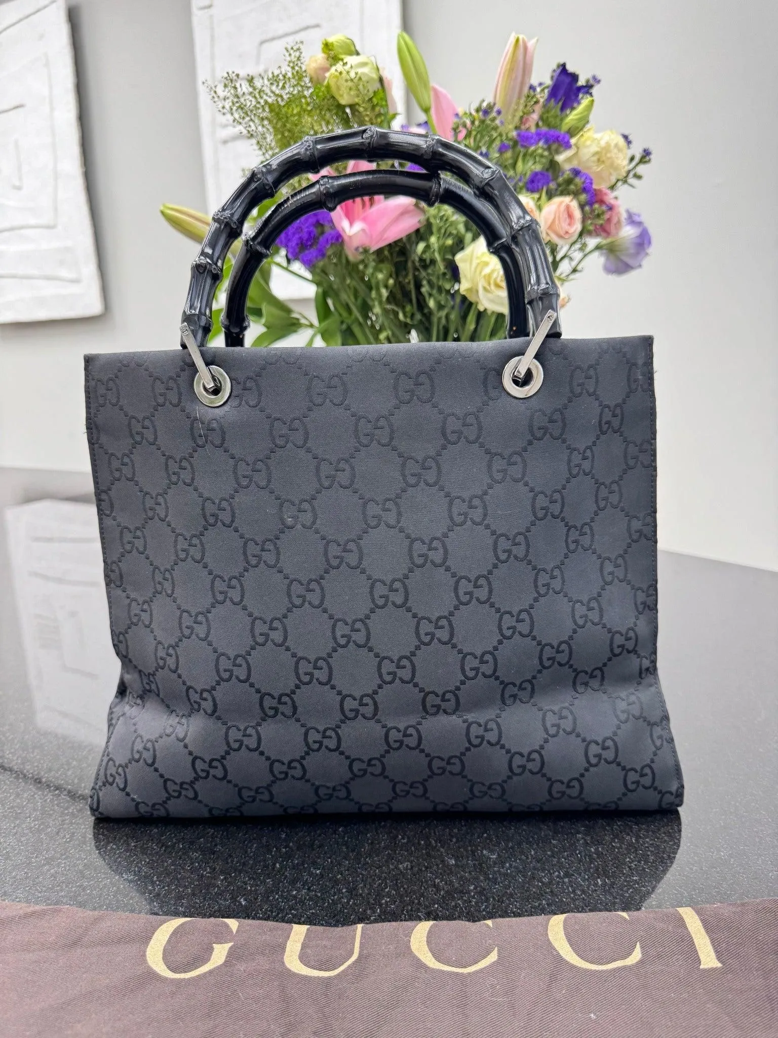 Gucci Black GG Supreme Nylon Medium Bamboo Tote Bag