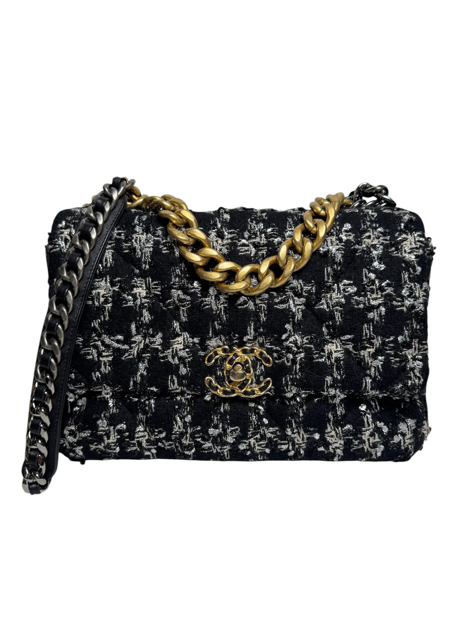 Chanel 19 Tweed Black/White Houndstooth GHW Large