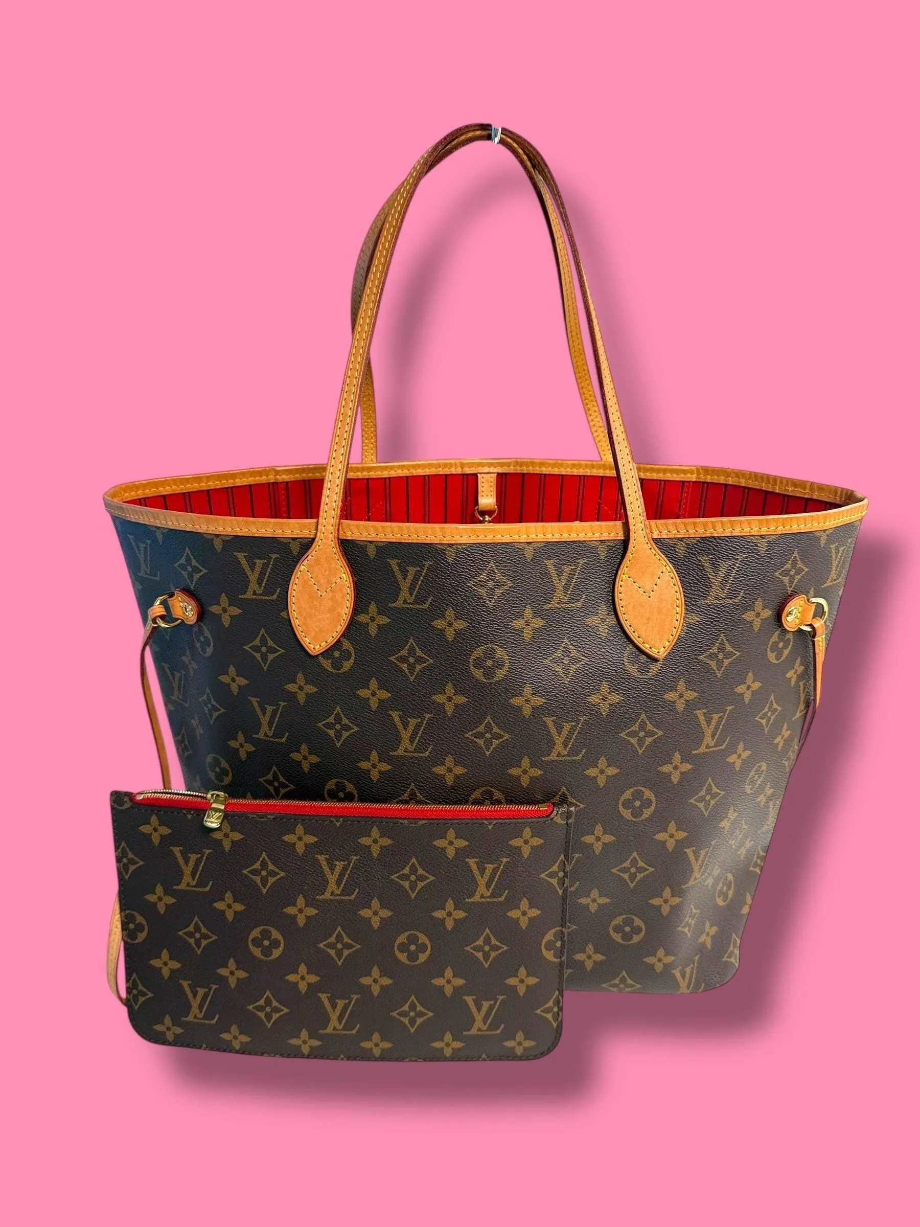 $2240 retail TBC139 LOUIS VUITTON Monogram Neverfull MM with Pouch Microchipped Red Interior