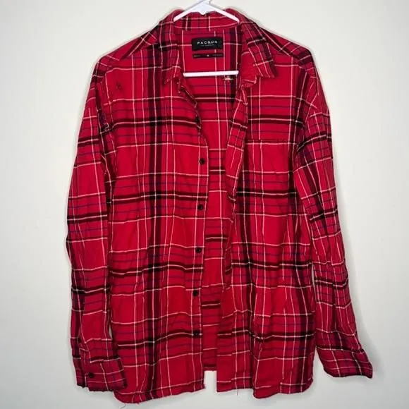 Product image for pacsun button down red black plaid distressed boxy fit medium